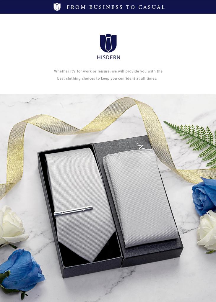 [HISDERN] White Tie, Wedding, Men's Formal Brand, Tie and Pocket Square 3-Piece Set, Plain, Gift, Luxury, Box Included, Business, Celebration,