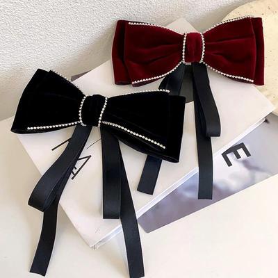 Fashion Retro Rhinestone Velvet Bow Ribbon Hairpin For Woman Temperament Back Of The Head Hair Clips New Year Hair Accessories