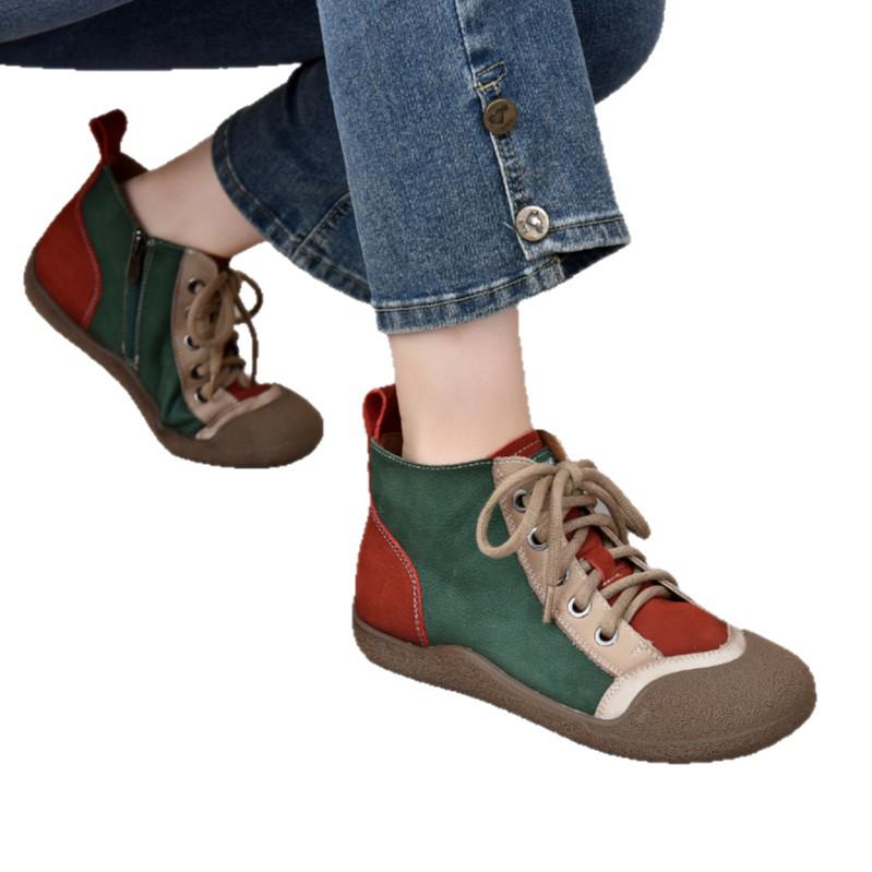 Longlin 2025 Damen Retro Colorblock Leder Stiefeletten - Weiche Sohle, Hässlich Süßer Stil