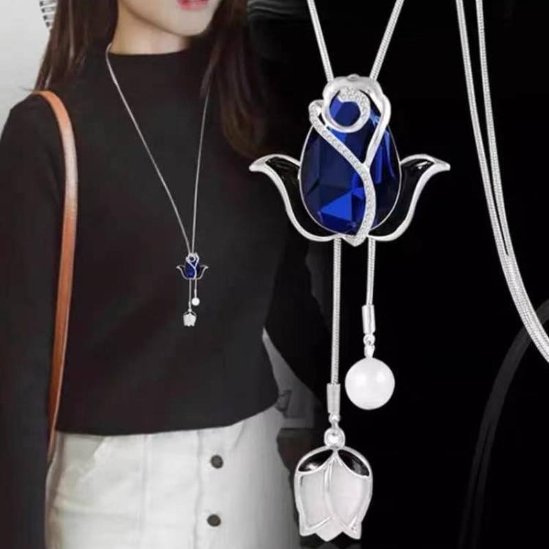 1PC Women's Fashion Metal Rhinestone Flower Rose Long Necklace Sweater Chain Accessories for Women Travel Party Jewelry Festival Gifts