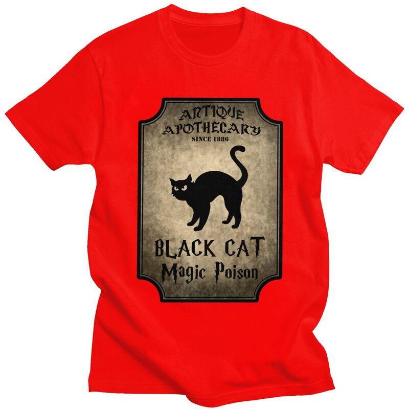 Halloween Black Cat T Shirt for Men 100 Cotton Tee Short Sleeve Gothic Witch Occult Witchcraft Tshirts Loose Fit Clothing S