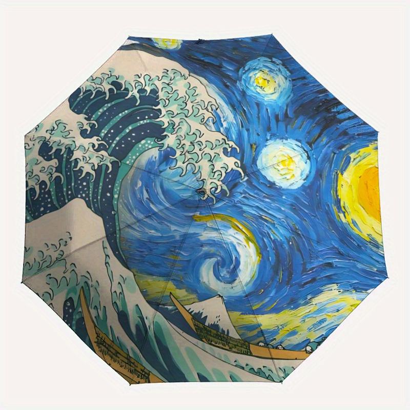 

1pc Ocean Waves Auto Umbrella - Auto Open/Close Folding Umbrella with Reinforced 8-Rib Frame, Portable 3-Fold Compact Umbrella, Christmas