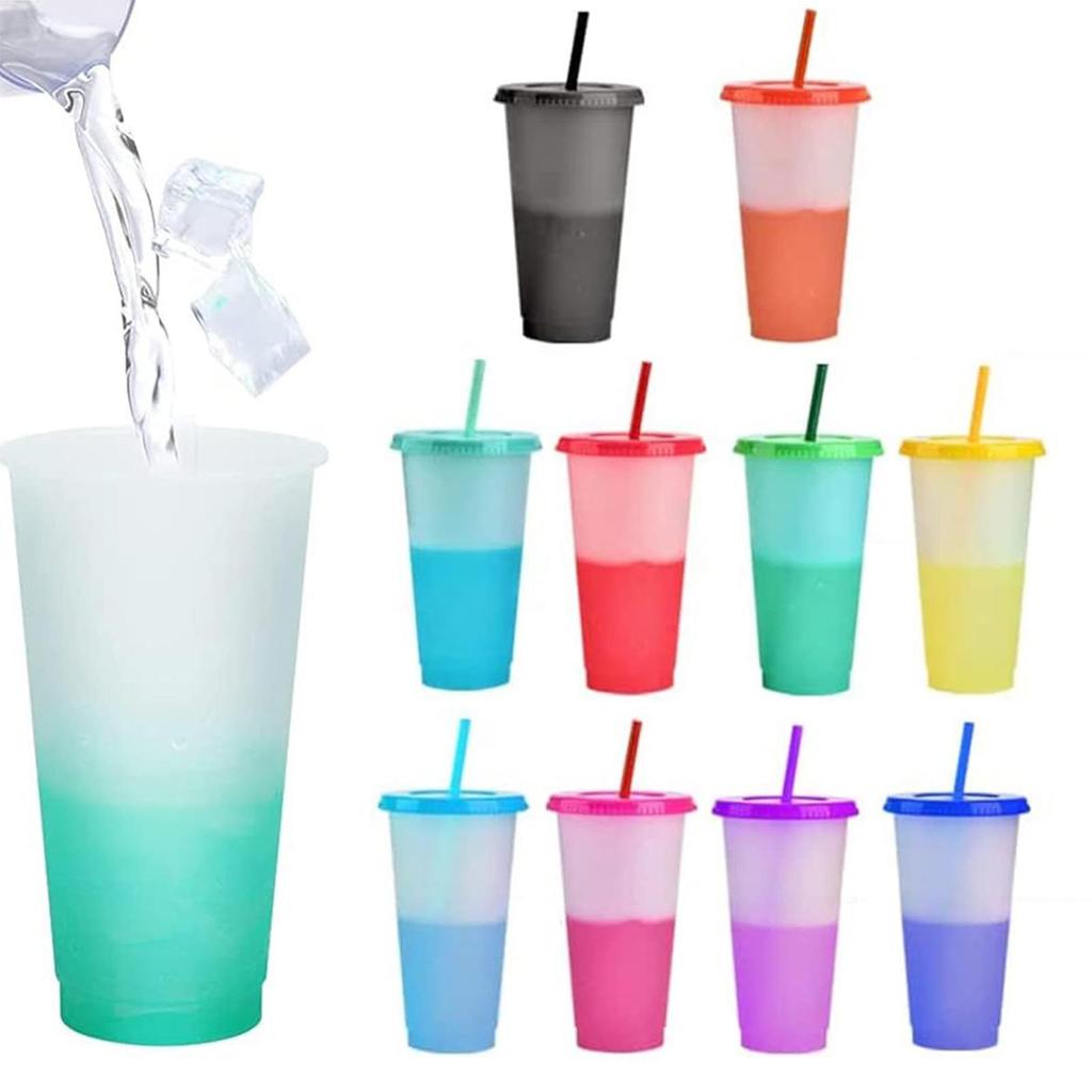10Pcs 710ml Reusable Blank Plain Plastic Cup Cold Cup Coloured Straw Cup With Lids Leak-proof And Dust-proof Home Supplies