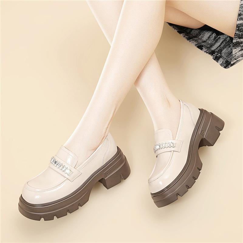 Temperament thick-soled heightening loafers women's new round-headed small leather shoes comfortable British style fashionable versatile casual shoes