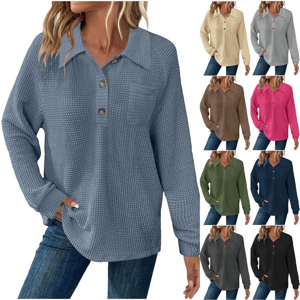 Women's Fashion Long-Sleeve Solid-Color Collared T-Shirt With Button-Up Front And Pocketed Casual Sweatshirt Top