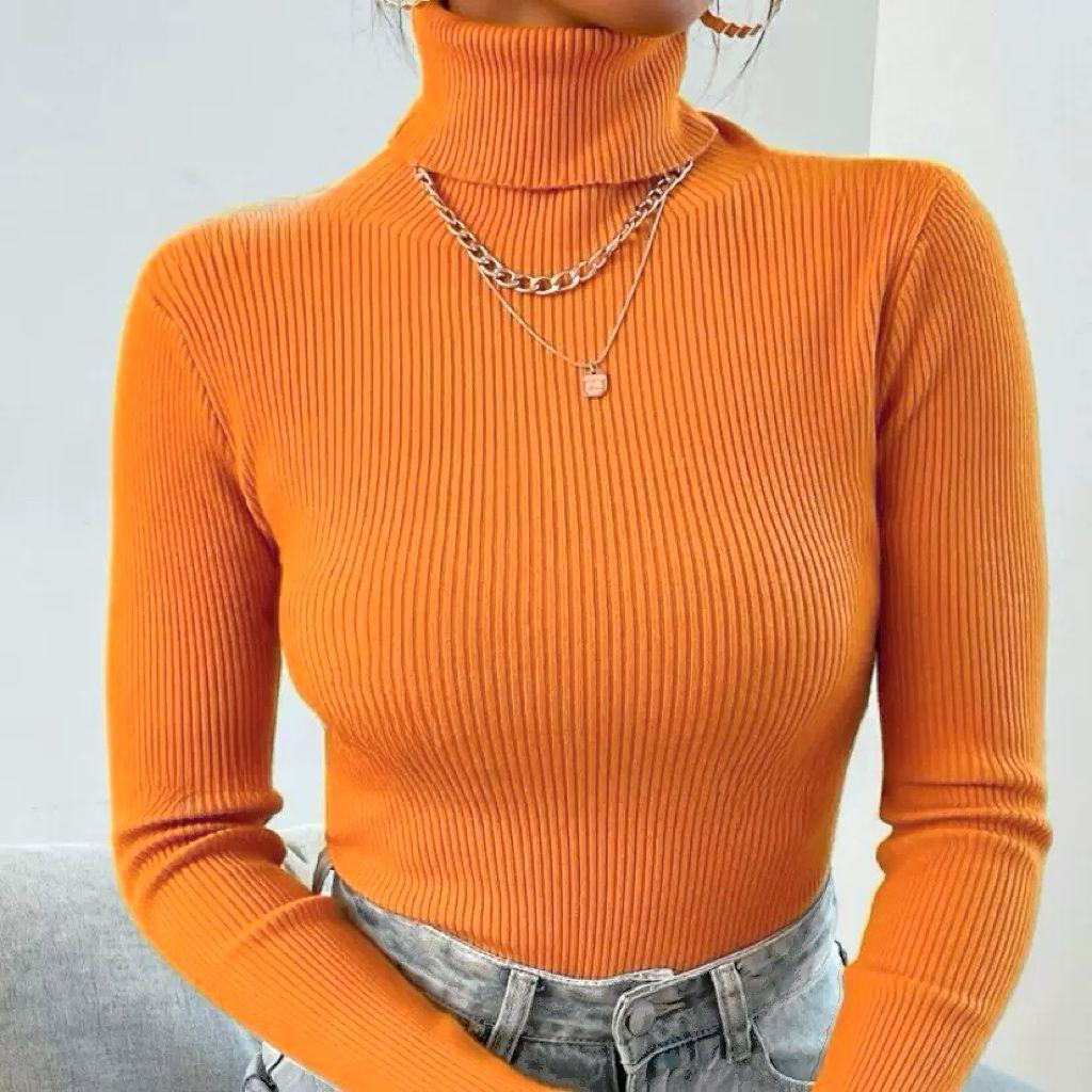 2025 Women's High Neck Solid Color Knit Pullover Sweater