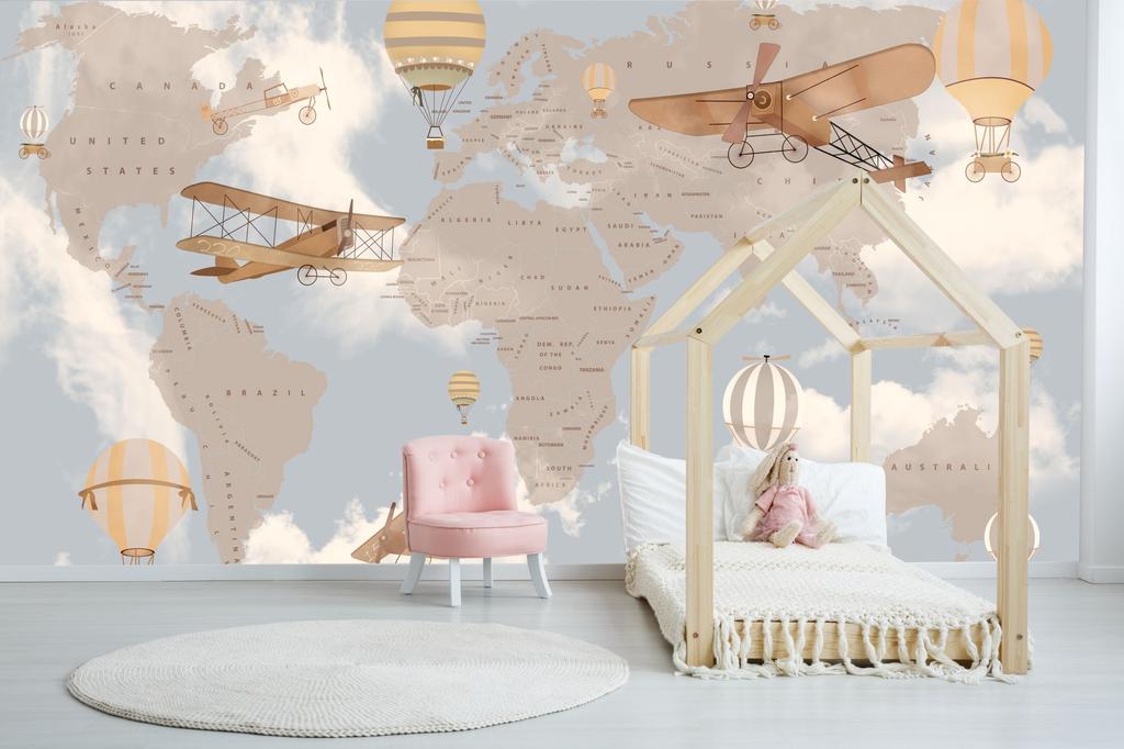 Children's Photo Wallpaper World Map with Balloons and Airplanes DWK296 300x200