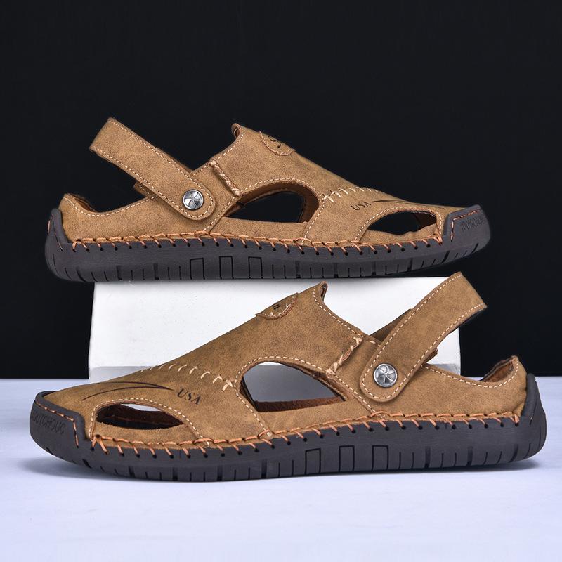 Fashion New Handmade Summer Sandals Men Breathable Leather Shoes Man Outdoor Men Sandals Antiskid Beach Sandals Hollow Shoes Fashion