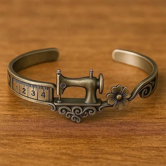 Sewing Machine Bracelet Vintage Jewelry Adjustable Open Cuff Bracelet Ring Timeless Tailoring Design Elegant Pendant for Seamstress Quilter Craft