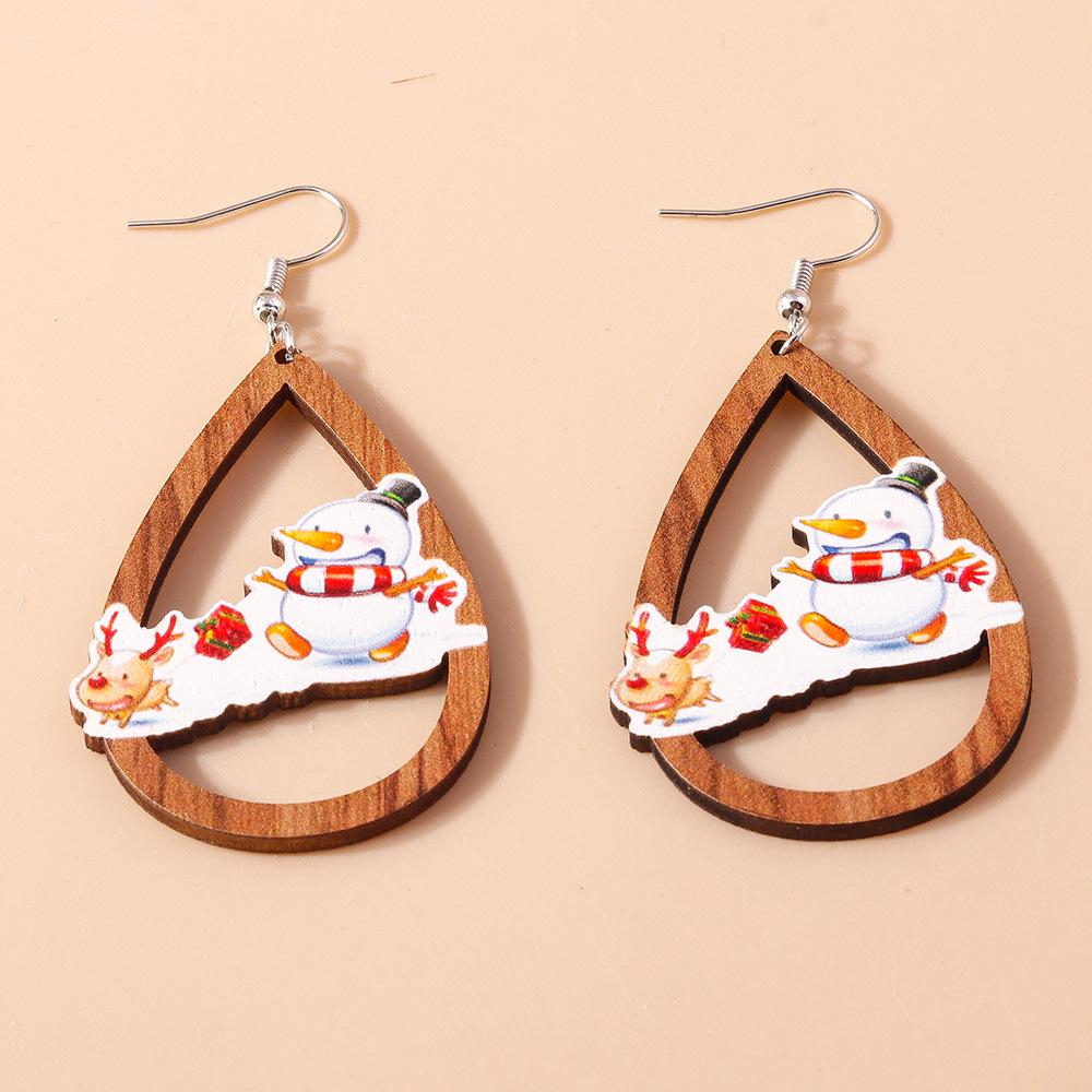 Cross-border Hollow Teardrop Wooden Christmas Earrings with Reindeer and Snowman