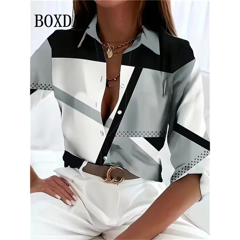Women s 3D Printed Geometric Pattern Long Sleeve Shirt Spring Autumn Fashion Blouse Casual Everyday Button Lapel Cardigan Shirts S