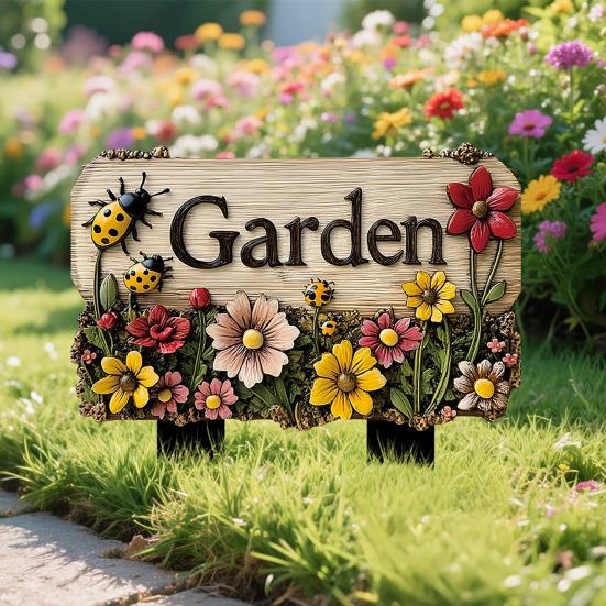 Floral Garden Sign with Stake, Farmhouse Garden Sign, Colorful Flowers Yard Art Stake, Rustic Welcome Sign for Home Garden Pathway Planter Decor