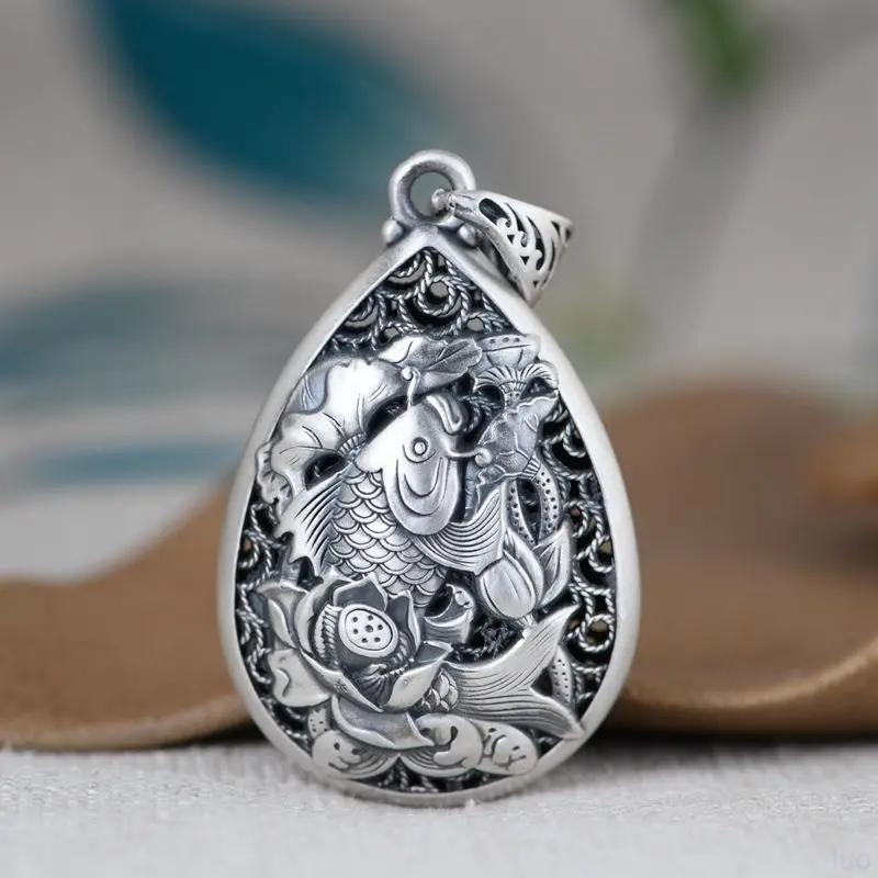 Classic New In Vintage   National Style Engraved Lotus Flower Droplet Drop Pendant Necklace Keel Chain Charm Jewelry