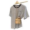 Korean Style Women's Niche Cartoon Embroidery Striped Half-Sleeve T-shirt