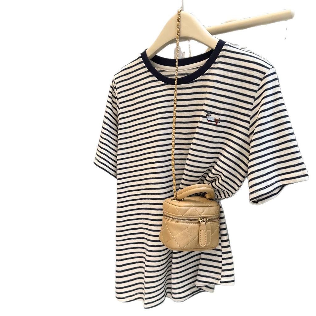 Korean Style Women's Niche Cartoon Embroidery Striped Half-Sleeve T-shirt