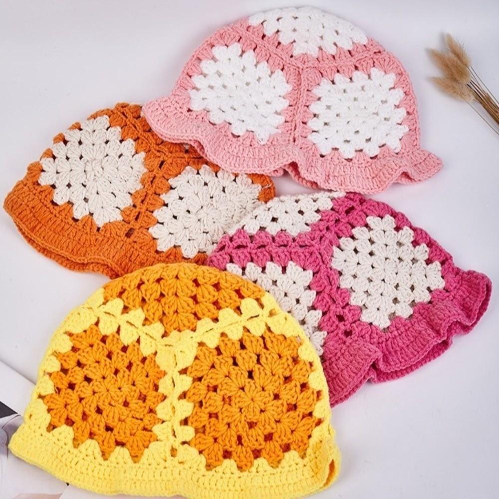 Sunflower Patterned Fisherman Hat Lotus Leaf Edge Handmade Knit Hat Autumn Winter Outings