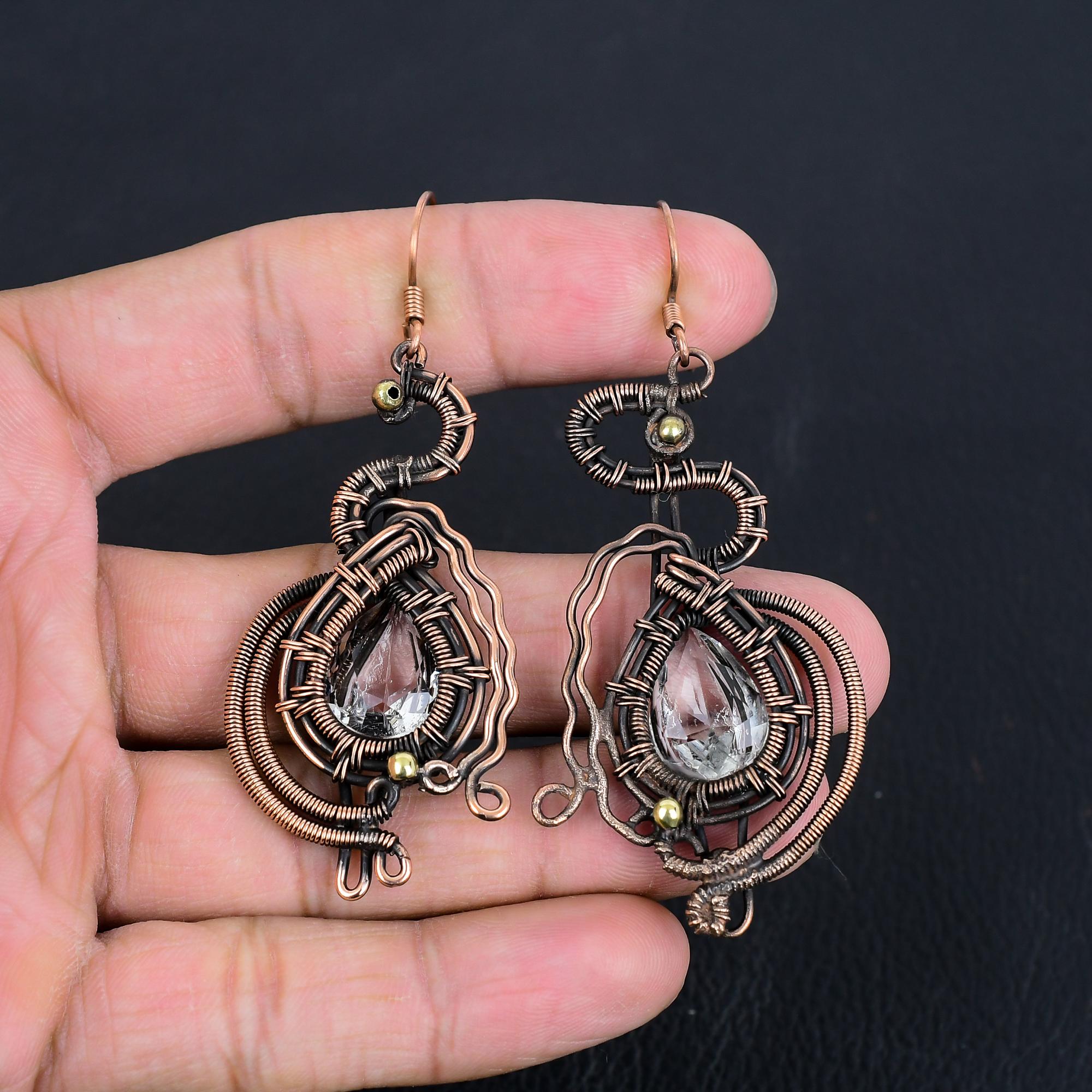 

Серьги с белым топазом, обернутые медной проволокой 999 пробы, серьги с драгоценными камнями ручной работы ко Дню памяти 3.007 Inches