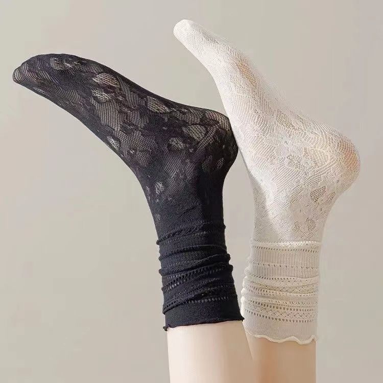 Women's Spring and Summer Mid-calf Socks, White Lace Cutout Pile Socks, Thin Lace Socks with Black Ear Edges