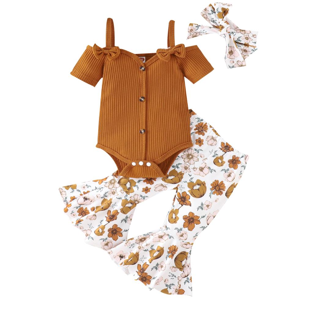 3Pcs Baby Girl Spring Outfits, Short Sleeve Cold Shoulder Romper + Flare Pants + Headband Set