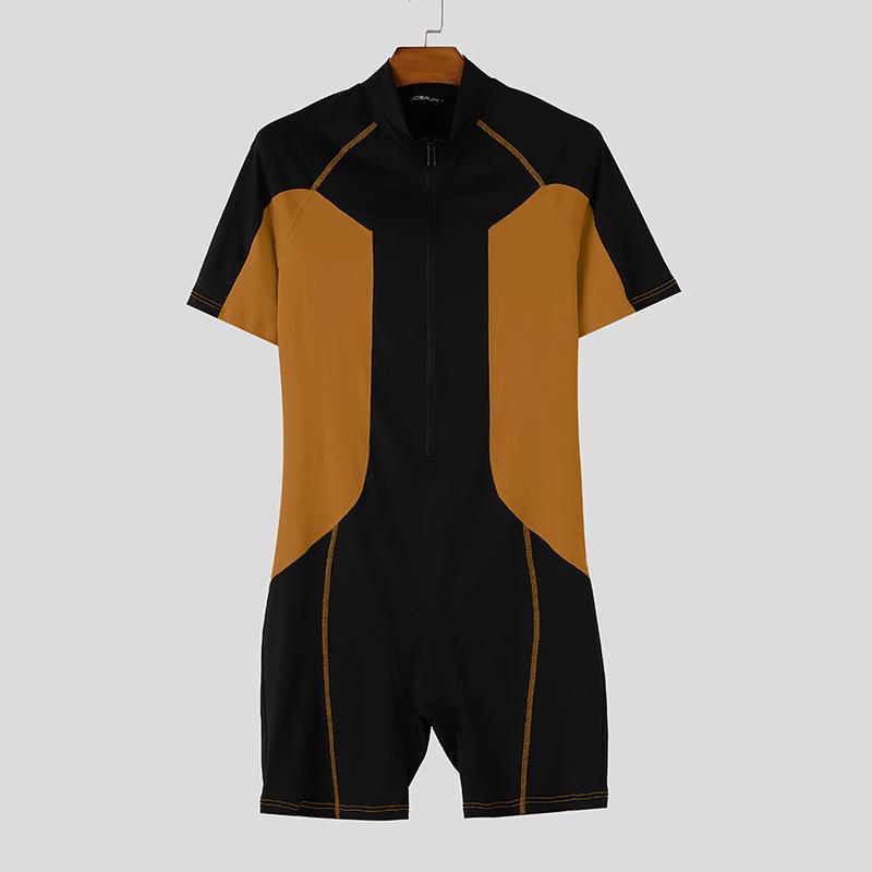 INCERUN Men Short Sleeve Zip-up Stitching Biking Sports Gym Jumpsuits Fitted Rompers Underwear