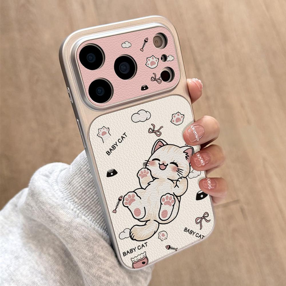 Applicable to Apple 17 cartoon play cat mobile phone case iPhone15promax all-inclusive 16 Pro fresh leather pattern