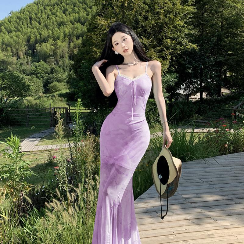 French High-end Spice Girl Smudged Mesh Splicing Suspender Skirt Summer Temperament Waist Slim and Thin Fishtail Dress