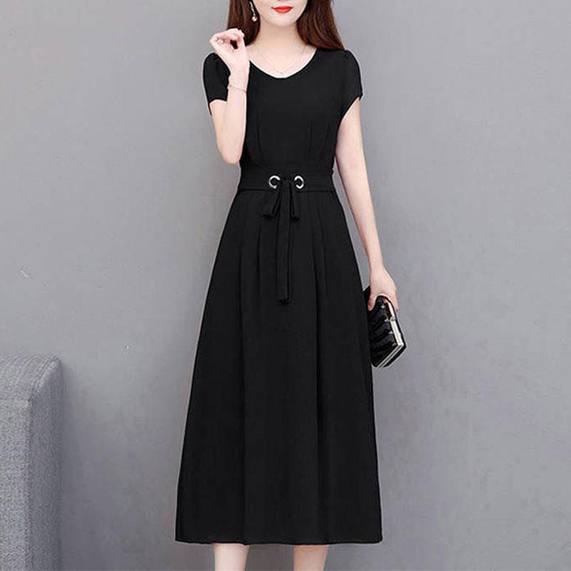 Temperamen Fashion Dresses Summer New Women Solid O-Neck Zipper Bandage Hepburn Style Short Sleeves Lim Mid-length A-line Dress