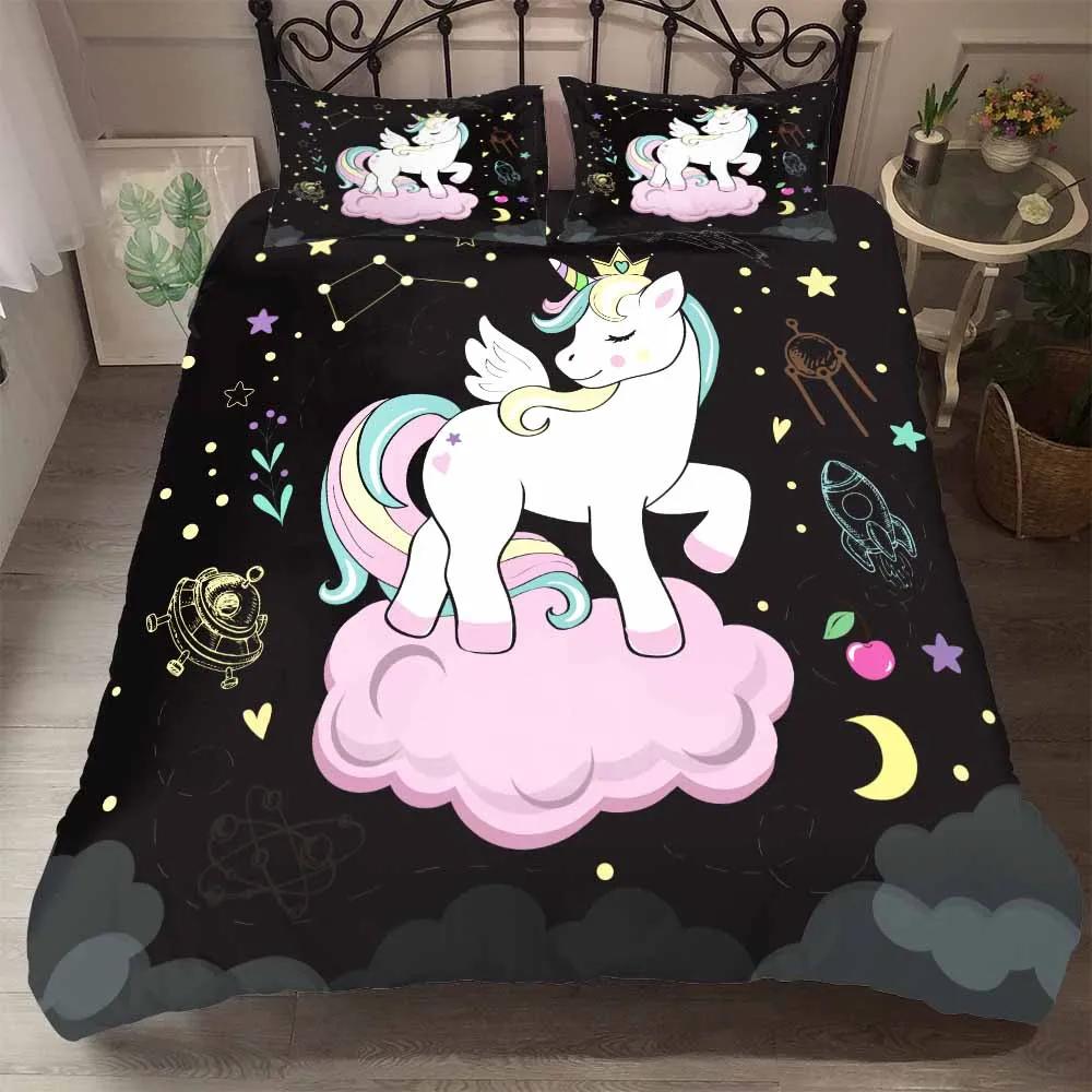 Cartoon Pink Bedding Sets 2/3 Pcs Duvet Cover Set Pillowcases Starry Sky Rainbow Unicorns Bedding Set For Girl EU Twin Single