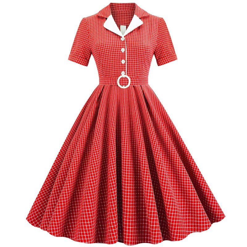 

Retro Mid Length Long Length Slim Looking Plaid Dress Short Sleeve Red L