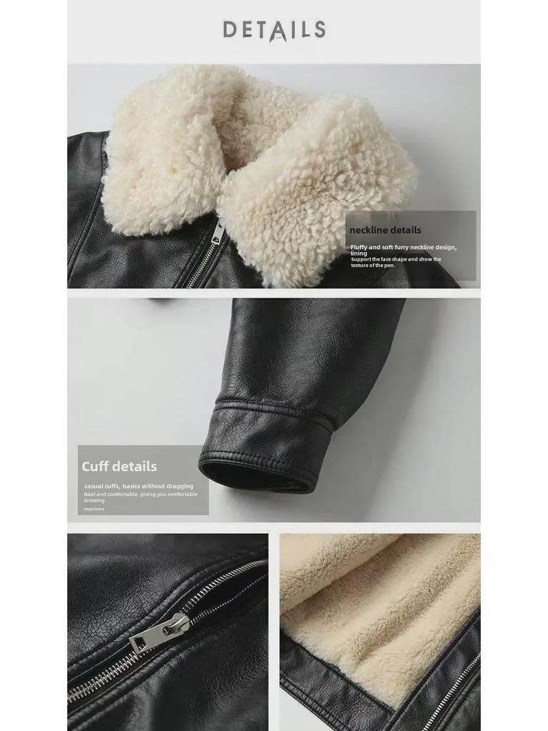 Chaqueta de Motociclista Retro de Terciopelo Negro para Mujer con Cuello de Piel de Cordero - Otoño/Invierno 2023