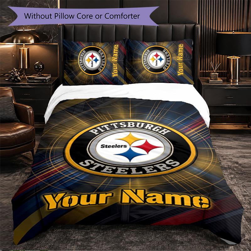 Pittsburgh Steelers Customized Name Text Bedding Set, 1 Duvet Cover & 2 Pillowcases Personalized Bedroom Gift