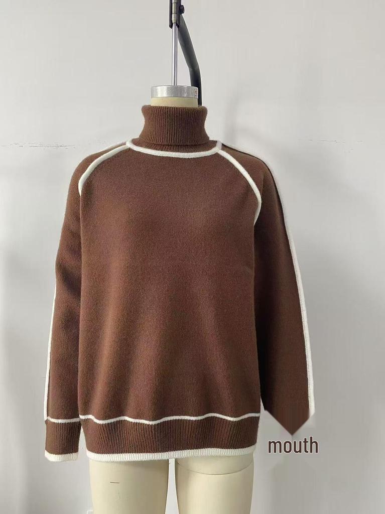 Autumn Winter Women's High Neck Color Block Raglan Sleeve Loose Sweater