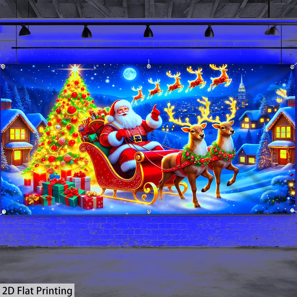 2D flach 1 Stück Weihnachten Polyester-Banner, Weihnachtsmann und Rentier Garagentor-Dekoration, geeignet für Feiertagsdekoration