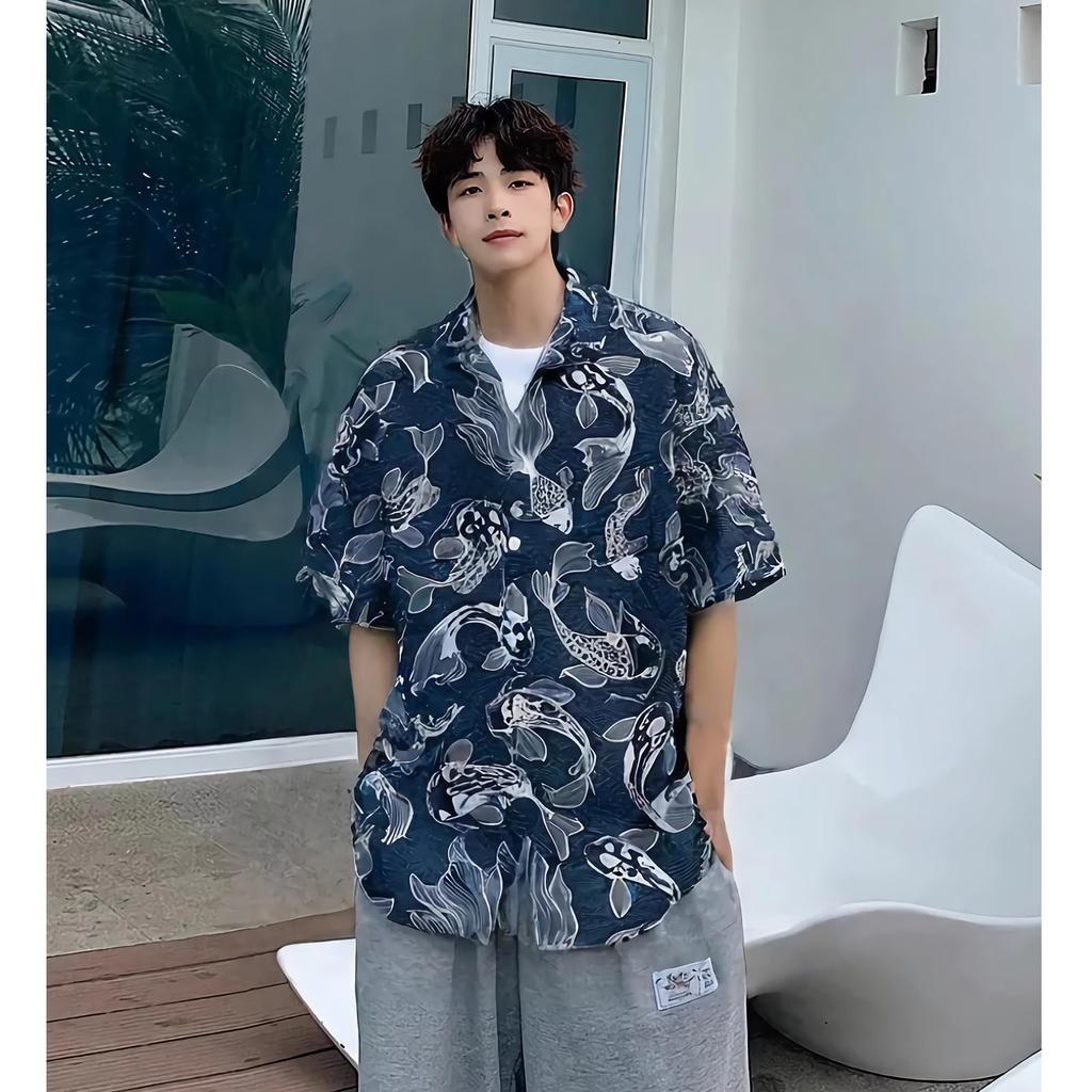 Stabbon Floral White Short Sleeve Aloha Goldfish Stylish Japanese Hawaiian Open Ultra Breathable Men's Shirt, Summer/Spring Wear, Print, Beachwear,
