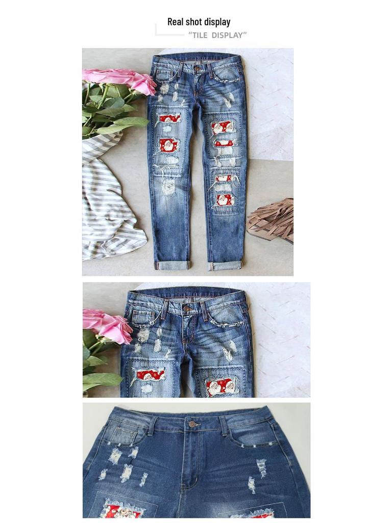 Women's Ripped Straight Leg Jeans with Santa Claus Patches - 2025 New Style