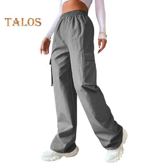 Pantaloni cargo pentru femei, cu talie elastică, cu picior lat, de culoare uni, pantaloni de sport casual, cu buzunar lateral cu clapă