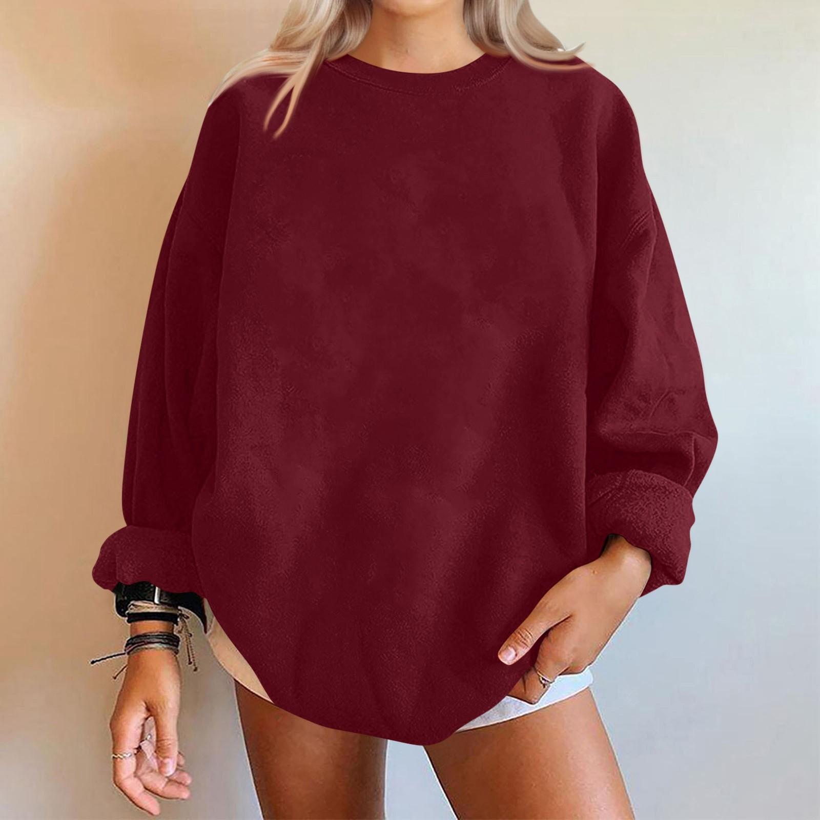 

Женские повседневные модные однотонные толстовки с длинным рукавом и круглым вырезом, пуловер, топ XL винный