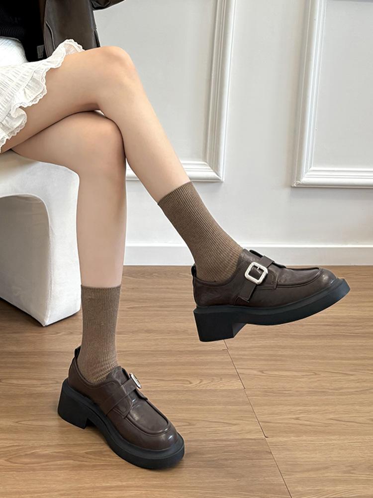 

Cowhide version~ Genuine leather platform loafers women s autumn and winter velvet British round head retro one-pedal small leather shoes single shoes 40 коричневый