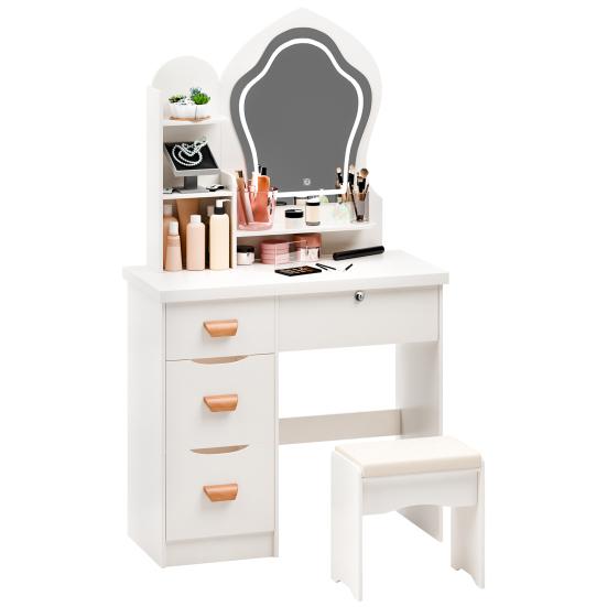 Makeup Vanity Desk with LED Lighted Crown-shaped Mirror, Vanity Table with 4 Drawers and Opening Shelves, Bedroom Dressing Table with