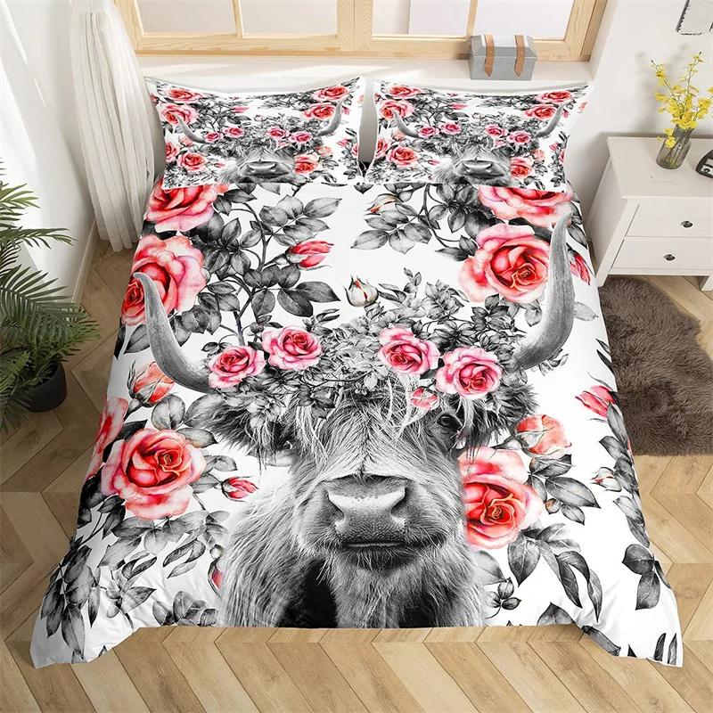 Hochlandkuh Bettbezug King-Größe Queen-Größe Westliches Bauernhoftier Steppdeckebezug Feine Mikrofaser Stier Rindvieh Floral Bettwäsche-Set
