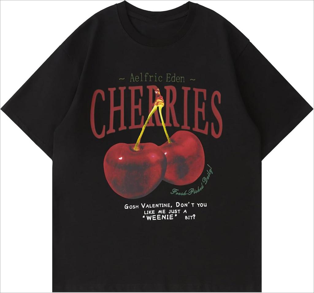 Cherries Print TShirts Casual Daily Womens Short Sleeve Casual LooseFit Crew Neck Top Essential Versatile Style Shirts