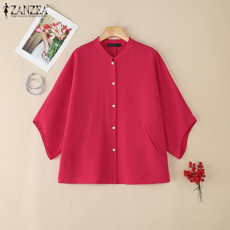 ZANZEA Women Casual Round Neck Loose 3/4 Sleeve Solid Blouse