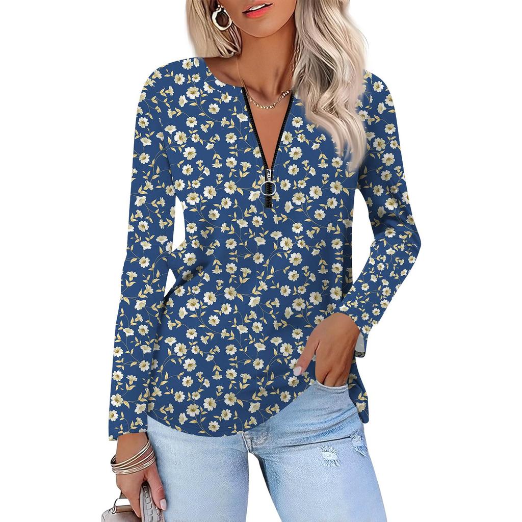 Damenmode Lässig Bedruckt Reißverschluss V-Ausschnitt Langarm Shirt Tops