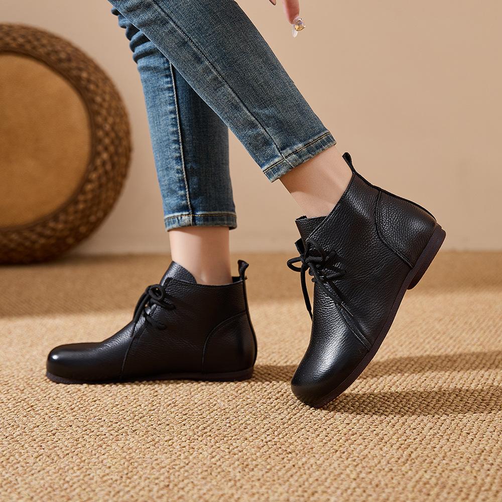 Leather Short Boots Women's Autumn Flat Boots Woman Shoes Beef Tendon Soft Bottom Non-slip Lace Up Ankle Boots for Women