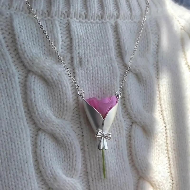 Korean Sweet Silver Flower Bouquet Necklace for Women Floral Arrangement Wearable Bouquet Container Necklaces Party Accessories