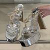 Fashion Luxury Bling Rhinestone Brand Sandals Women Fashion Square Toe Metal Chain Designer Shoes Super High Heel Sexy Party Dress Shoes