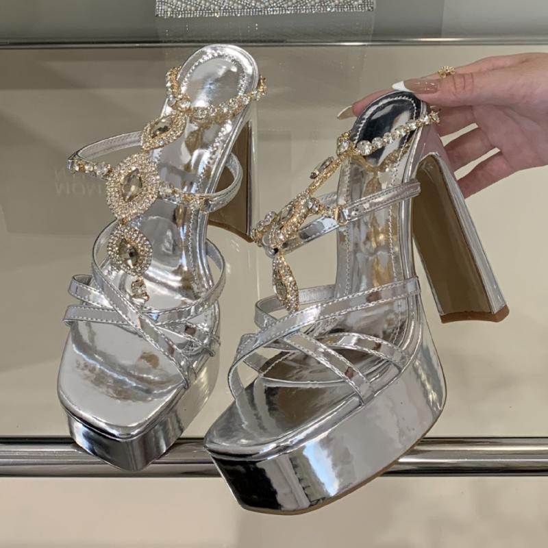 Fashion Luxury Bling Rhinestone Brand Sandals Women Fashion Square Toe Metal Chain Designer Shoes Super High Heel Sexy Party Dress Shoes