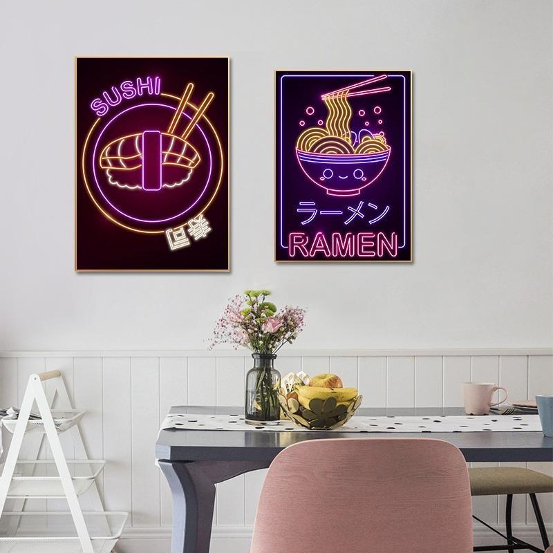 Neon Design, Japanese Wave, Ramen, Sushi, Cat, Fuji, Sakura, Poster, Canvas, Painting, Japanese Food Culture, Wall Art, Kitchen Decor,