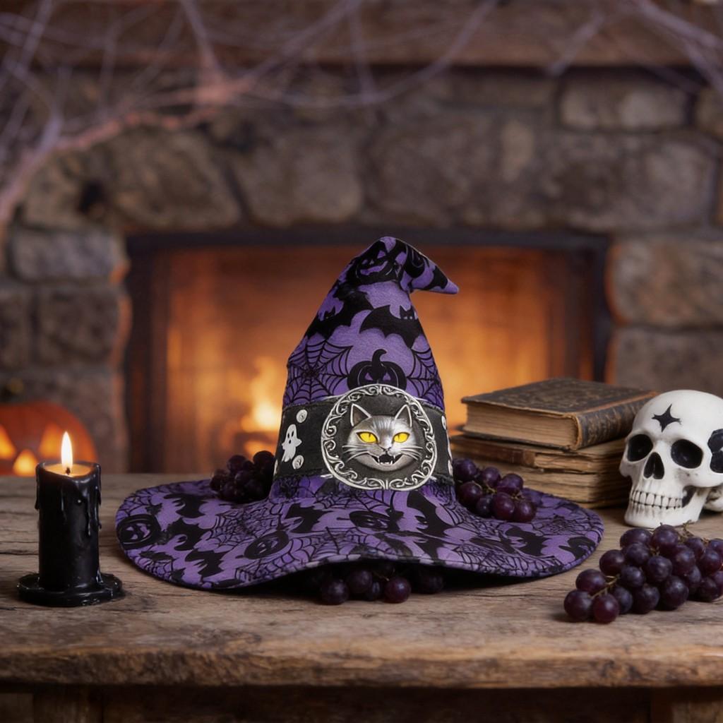 Halloween Witch Hat Costume With Bat And Pumpkin Print For Stage Performance And Party Decor