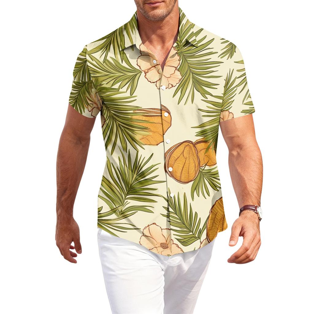 Men's Casual Loose Fit Short Sleeve Shirt Button Down Palm Leaf Print Lightweight Summer Beachwear Shirt